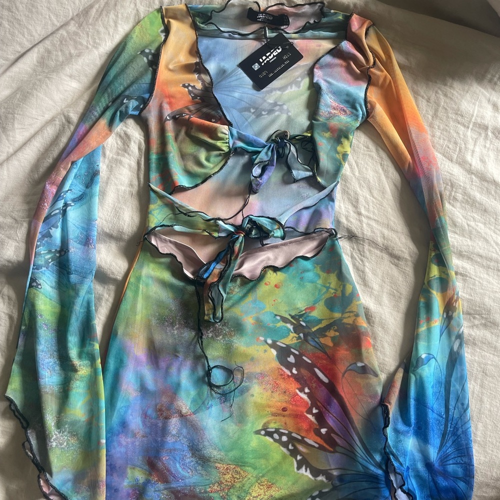 Jaded London Mix Fairy Print Tie Front Mesh Dress